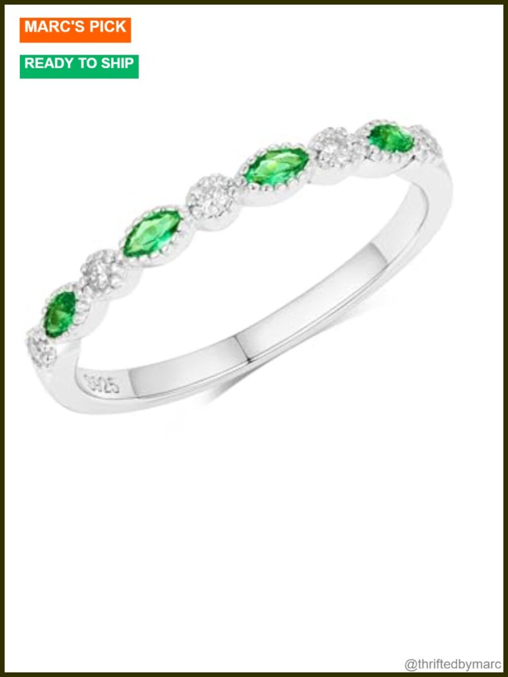 925 Sterling Silver Eternity Band Milgrain Marquise Moissanite Emerald